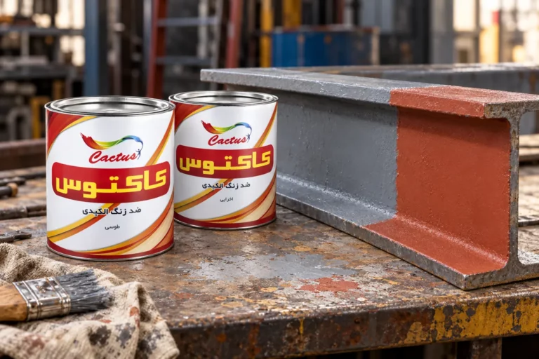 دو قوطی ضدزنگ آلکیدی کاکتوس، طوسی و اخرایی، کنار تیرآهن پوشش‌داده‌شده