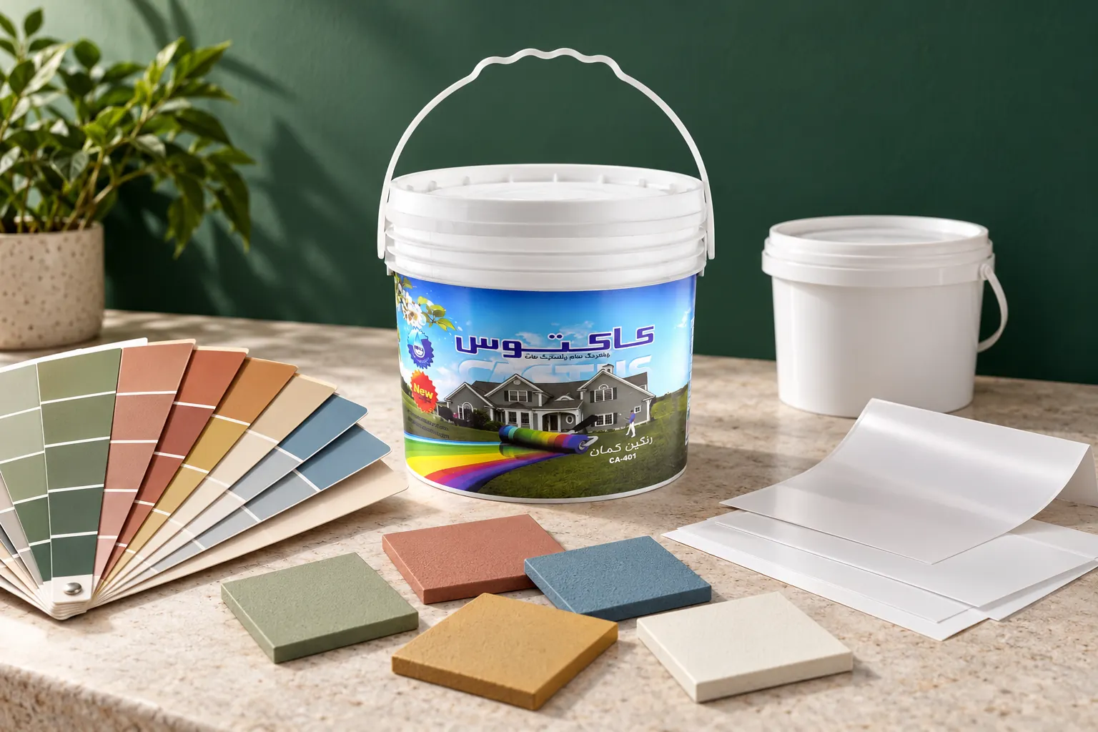 سطل رنگ تمام پلاستیک مات کاکتوس کنار نمونه‌رنگ و ظرف بسته‌بندی اختصاصی